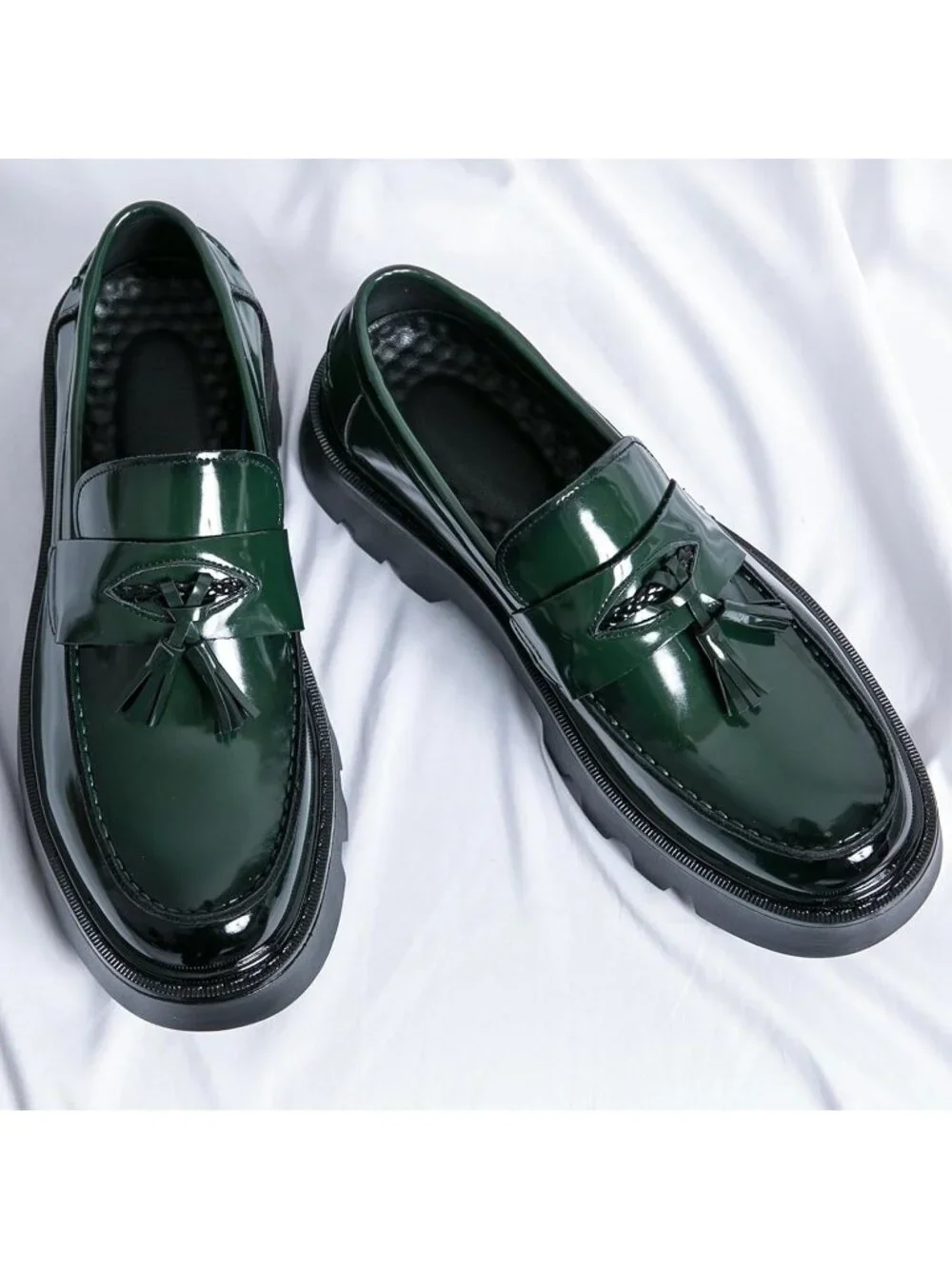 Men's Green Patent Leather Loafers Chunky Heel Tassel Slip On Dress Shoes